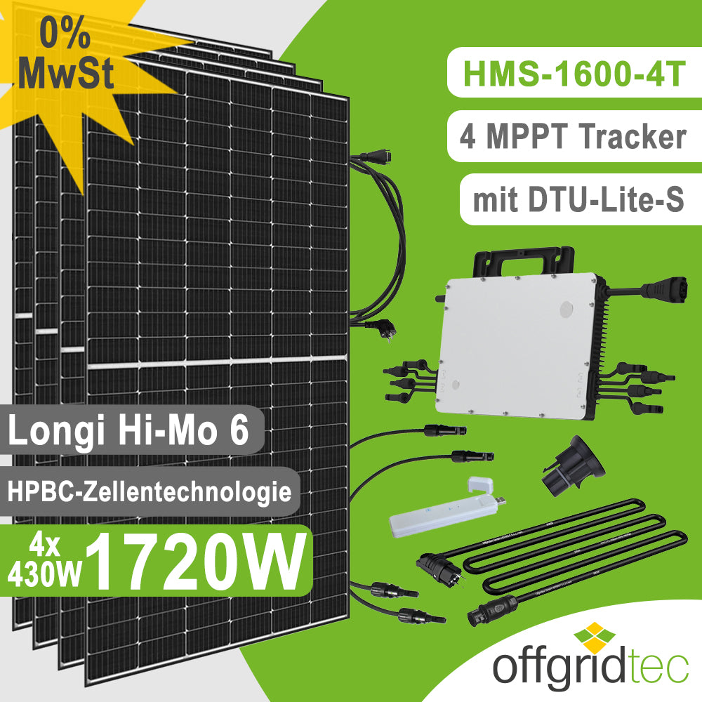 Offgridtec Balkonkraftwerk 1720W HMS-1600-4T DTU-Lite-S Longi Hi-Mo-6 430W Mini-PV Solaranlage